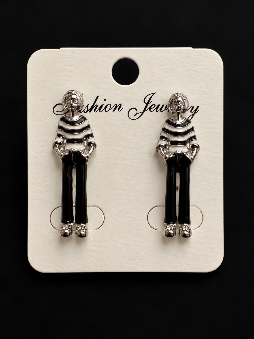 Black & White Figural Person Earrings – Striped Novelty Statement Earrings